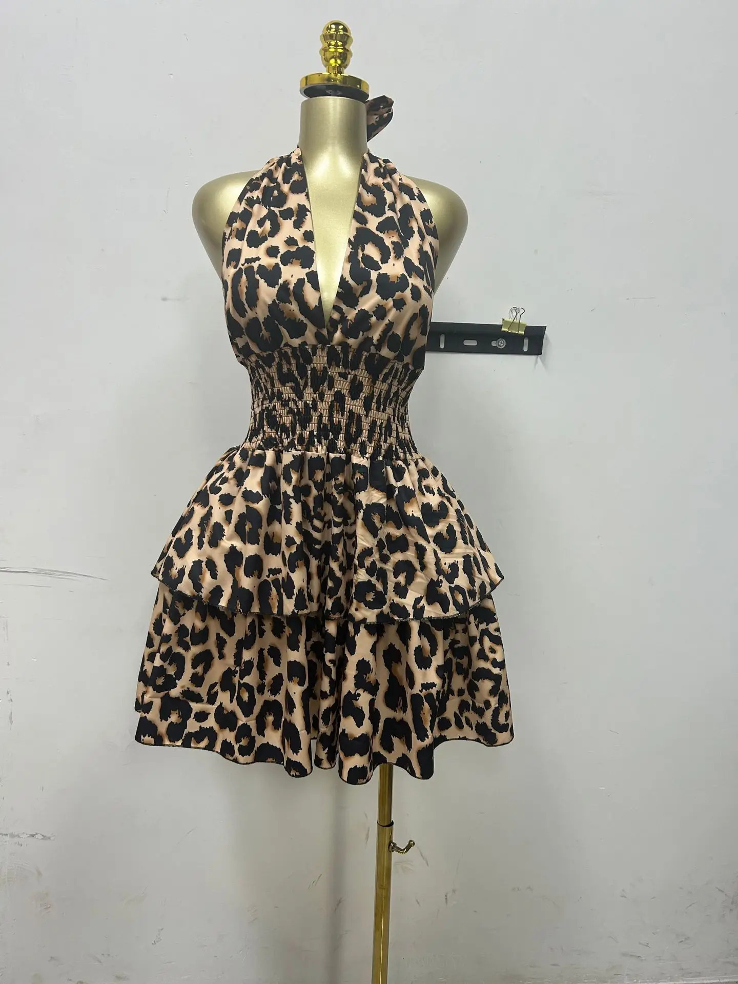 CM.YAYA Women Leopard Print Halter Neck Backless Cascading Ruffles Big Swing Ball Gown Mini Dress 2025 Sexy Club Party Dresses 250605