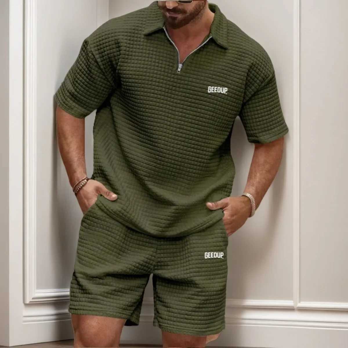 New Mens Casual Fashionable and Comfortable Waffle Checkered Letter Lapel Sportswear Set Spring and Summer Two-Piece Set W250609