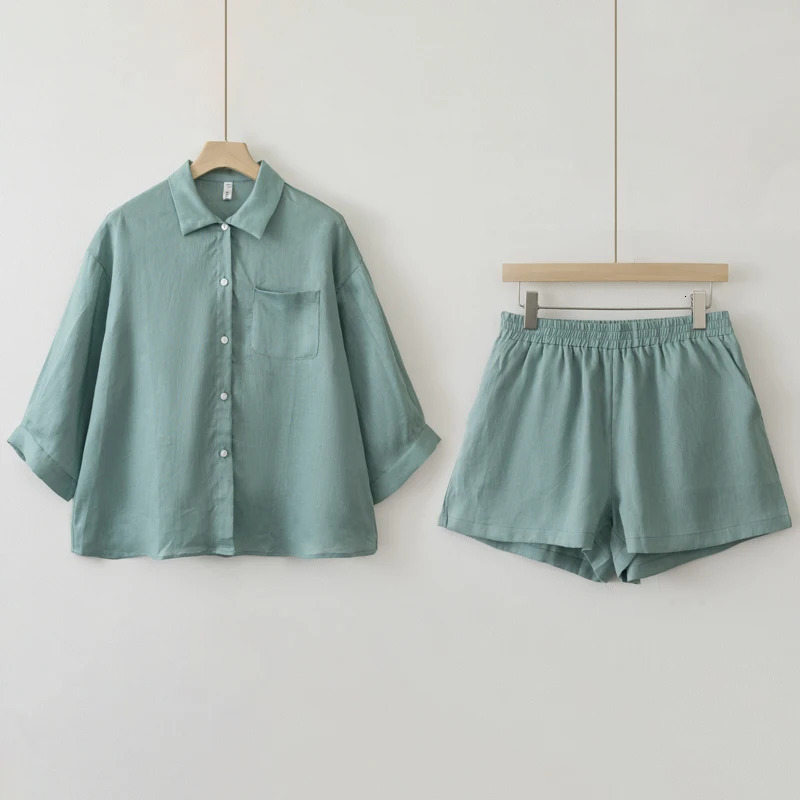 Women Summer Casual Linen Blouse Shorts Sets 250606