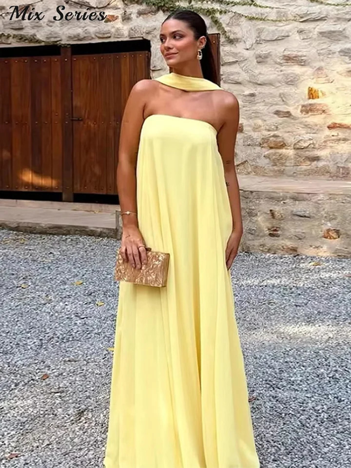 Elegant Halter Long Dress Womens Loose Sleeveless Off Shoulder Floor-length Dresses 2025 Spring Summer Lady Solid Stylish Robes 250605
