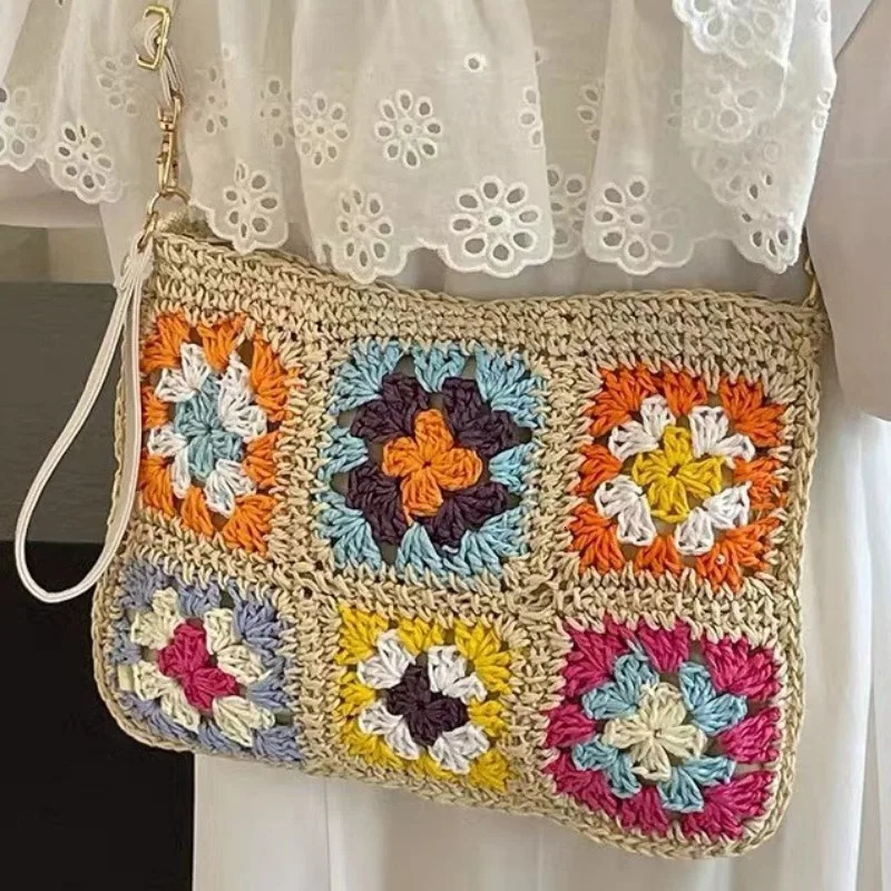 Summer Handmade Hook Retro Flower Crossbody Womens Bag Single Shoulder Paper Rope Crochet Flip Ethnic Style Handbag 250605