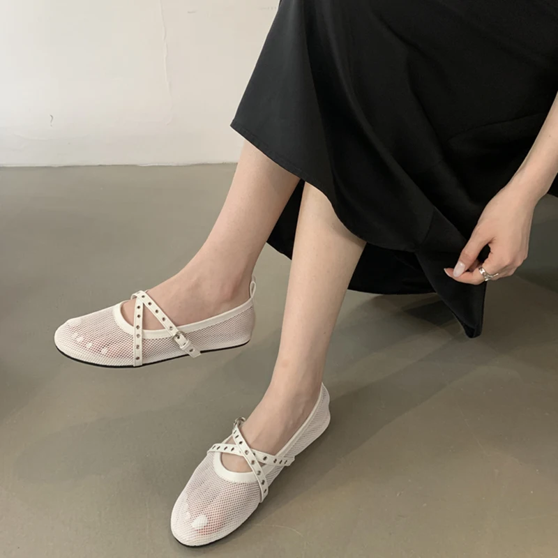 Designer sandals Womens Mesh Ballet Flat Heels Shoes Fashion Hollow Out Ladies Sandale Comfort Breather Dress Ballerina Sandal Simple Outdoor Fishnet 