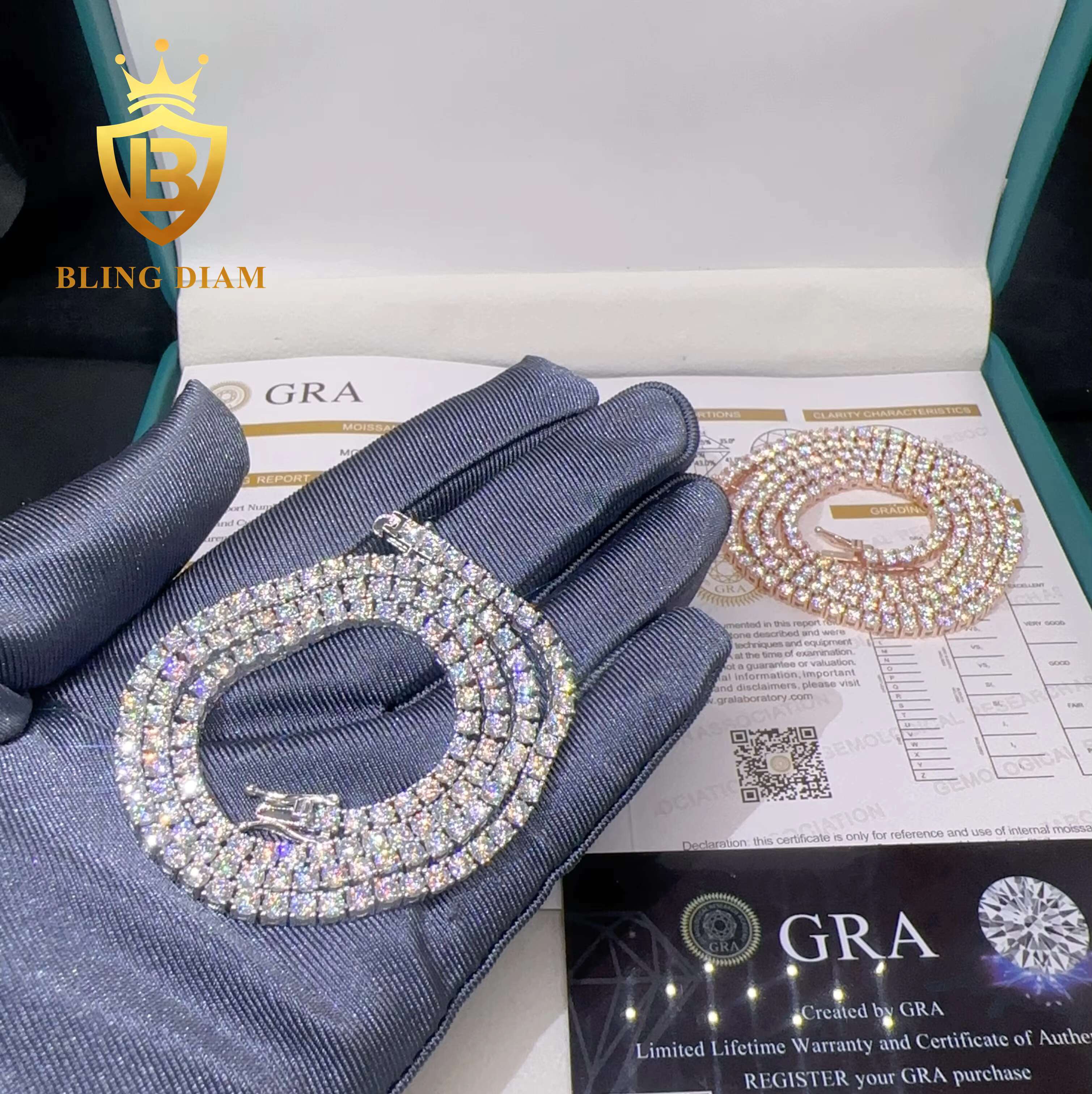 Iced Out 3mm 925 Sterling Silver Hiphop Chain GRA Certified D Color VVS Moissanite Tennis Chain Necklace