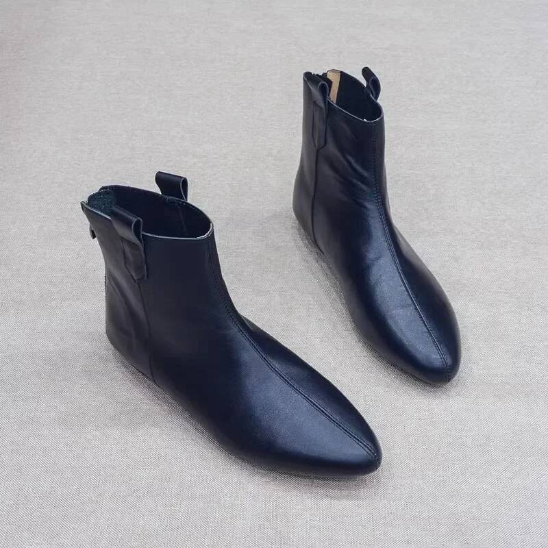 Ddmyoutdoor Women Retro Pointed Boots Short Booties Ladies Soft Pu Leather Ankle Bootins Back Zip Casual Flat Shoes Outdoor Shoes