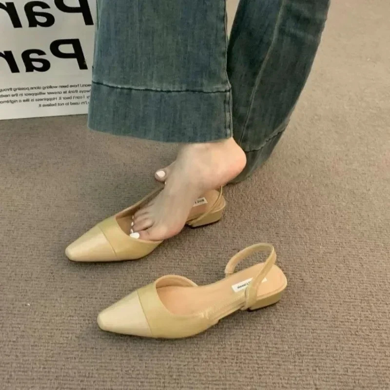 24Low Heel Baotou Sandals Womens French Nude Color Pointed Small Fragrant Style Ladies Thick Heels Back Air Style Single Shoes 250605