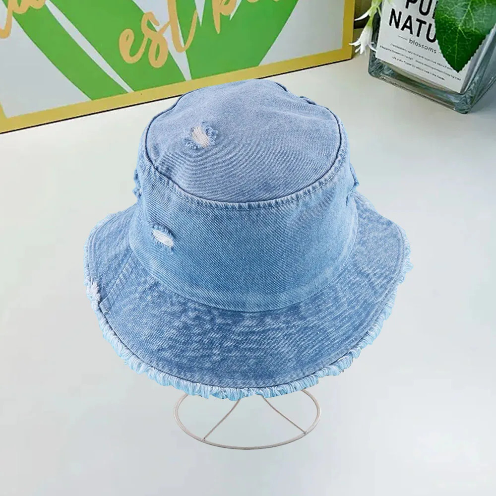Retro Fashion Washed Fringed Ripped Denim Fisherman Hat For Men and Women Summer Solid Color Sun Hat Versatile For Daily Use 250605