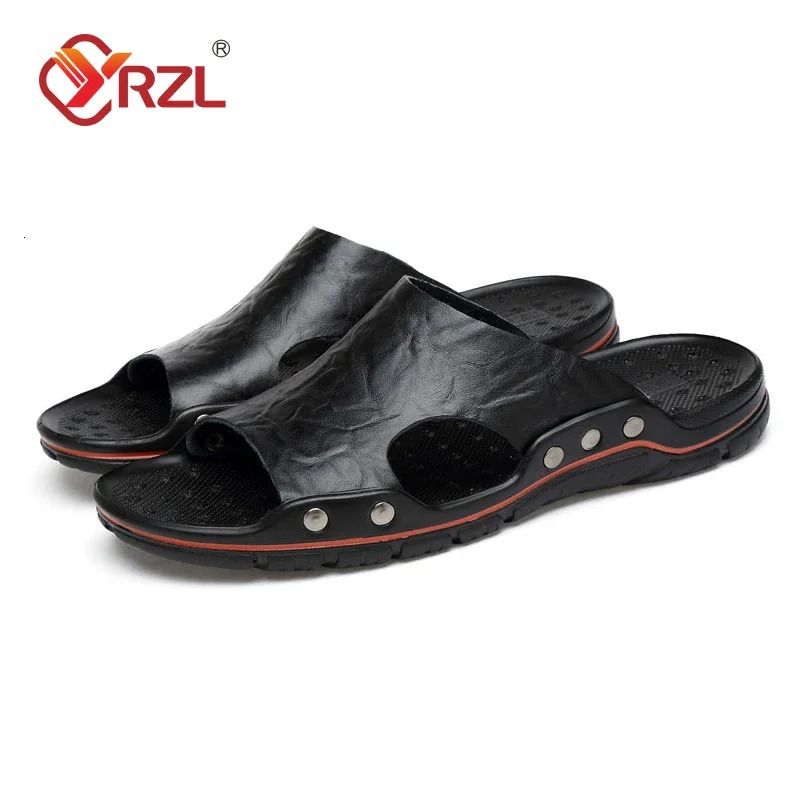 YRZL Sandals Mens Leather Classic Summer Men Slippers Soft Black PU Lightweight EVA Slides for 250528