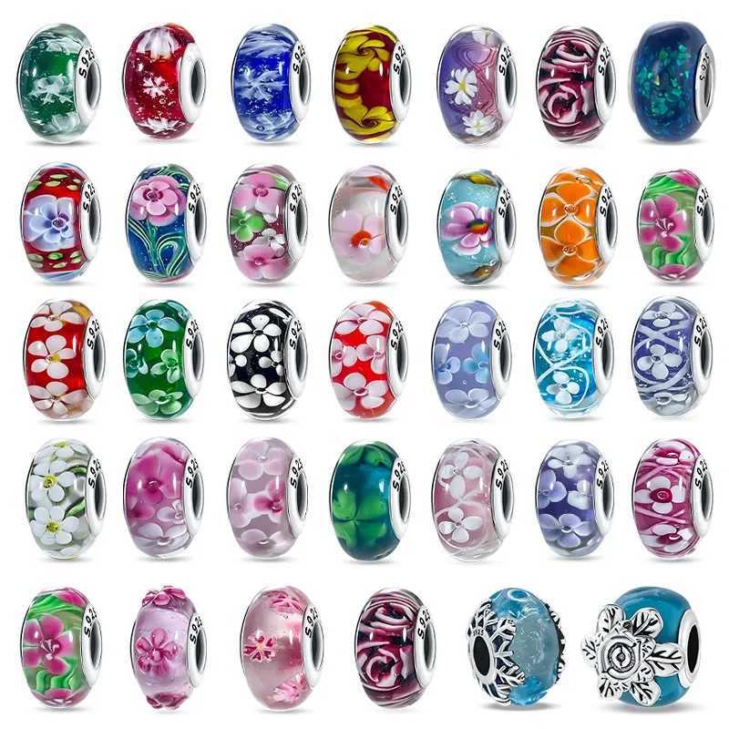 Sterling Silver 925 Flower Charms Original Glass Bead Colored Murano Fit Bracelet for Women DIY Fine Jewelry Gifts XJ250607