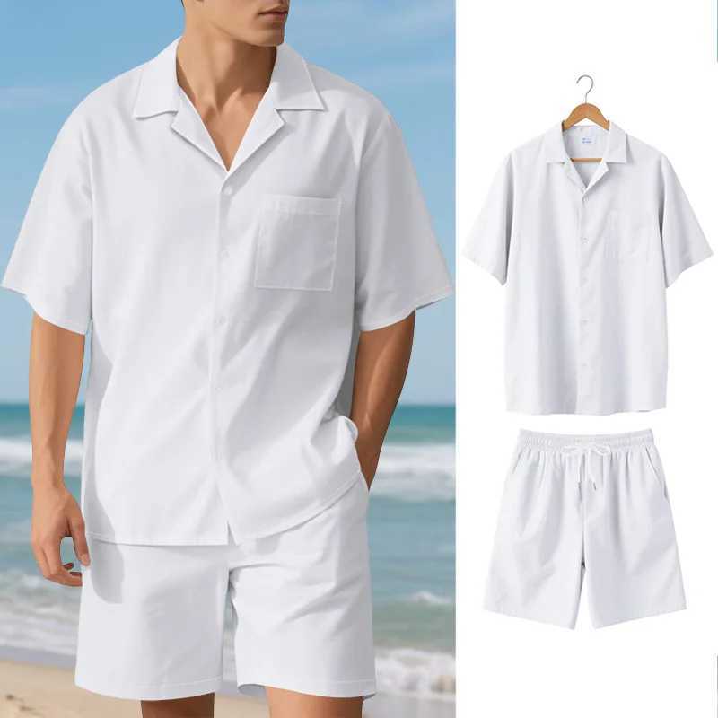 Ice silk cotton linen breathable beachwear for men light luxury casual vacation style set trendy short sleeved plus loose shorts W250609