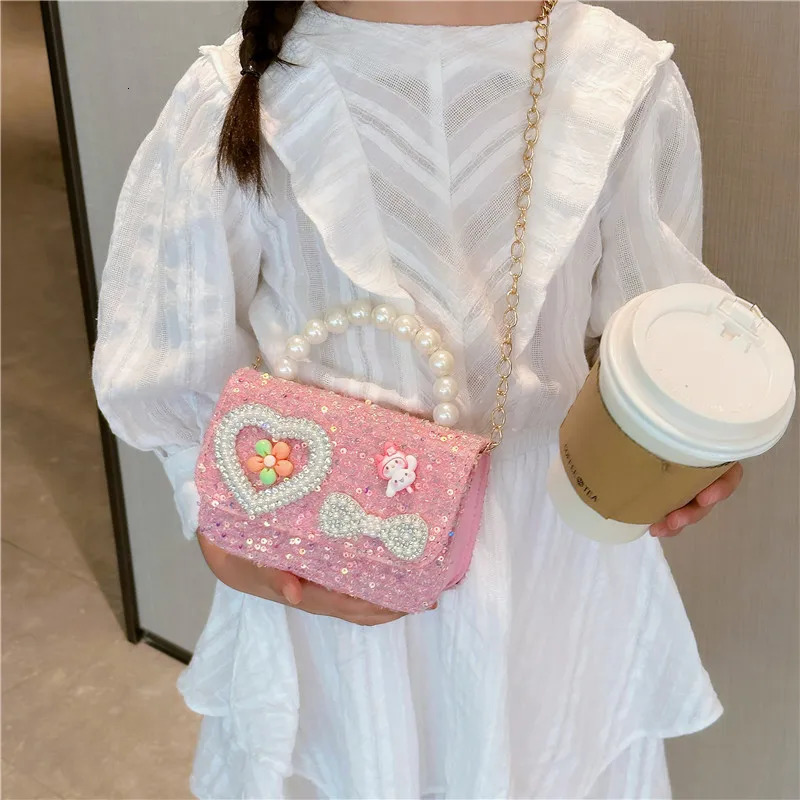 Pearl Beaded Childrens Small Square Shoulder Bag Sweet Bow Sequin Girls Messenger Bags Lovely Princess Handbags Accessories 250605