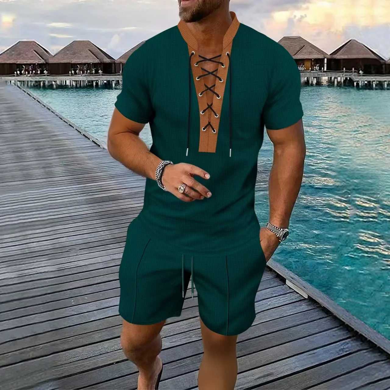 2025 Mens Summer New Casual and fashionable drawstring design T-shirt top Waffle two-piece Mens shorts set W250609