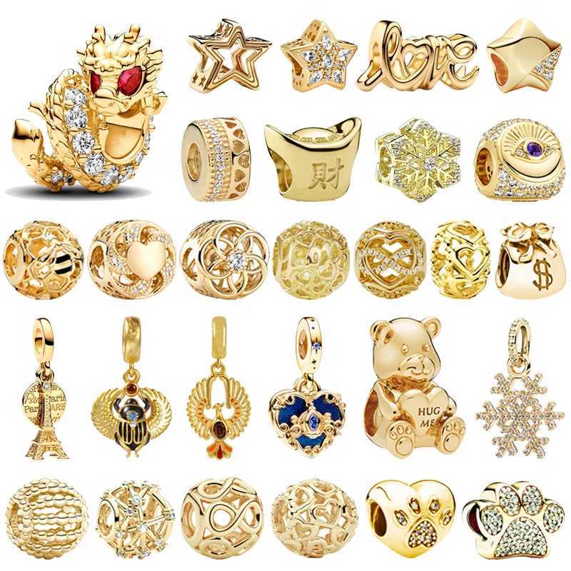 Gold New Fine Snowflake Dragon Phoenix Stars P Print Charm Beads Fit Original European 925 Silver Bracelet DIY Women Jewelry XJ250607