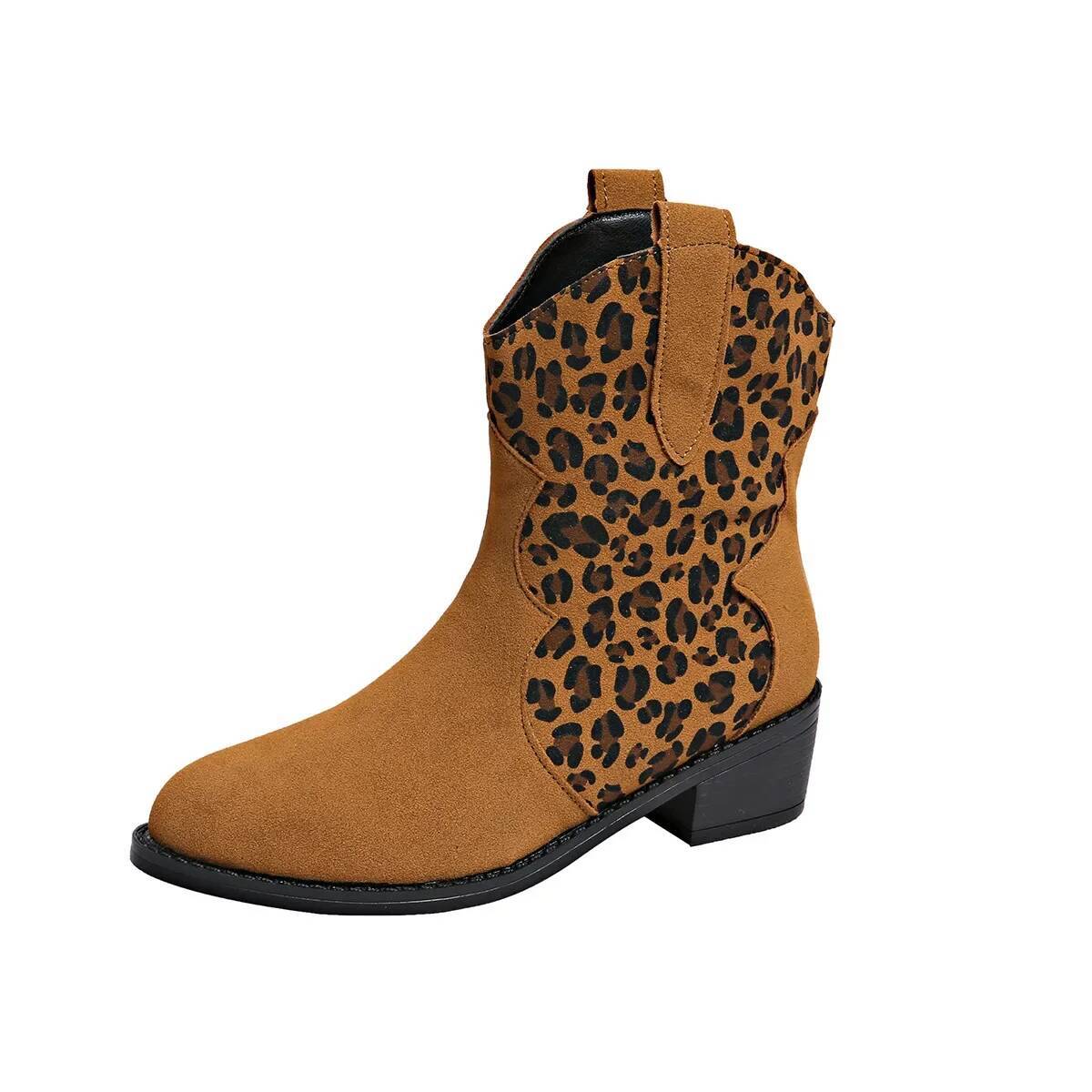 Ddmyoutdoor Women Autumn Winter New Leopard Print Pointed Toe V Shaped Shoe Low Heel Comfort Non Slip Fashion Boots Outdoor Shoes