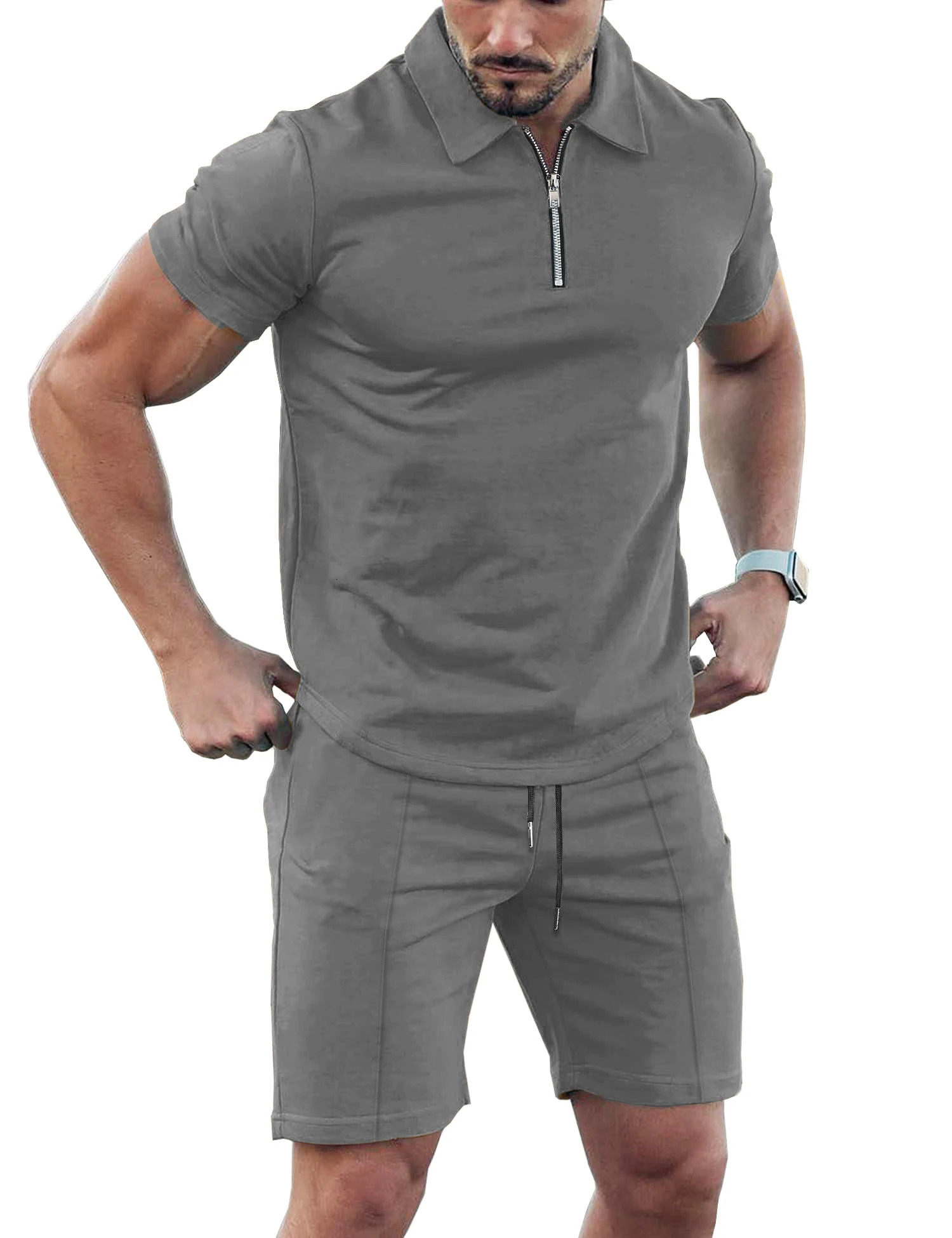 Mens solid color sports suit with zip up polo shirt and drawstring shorts 250605