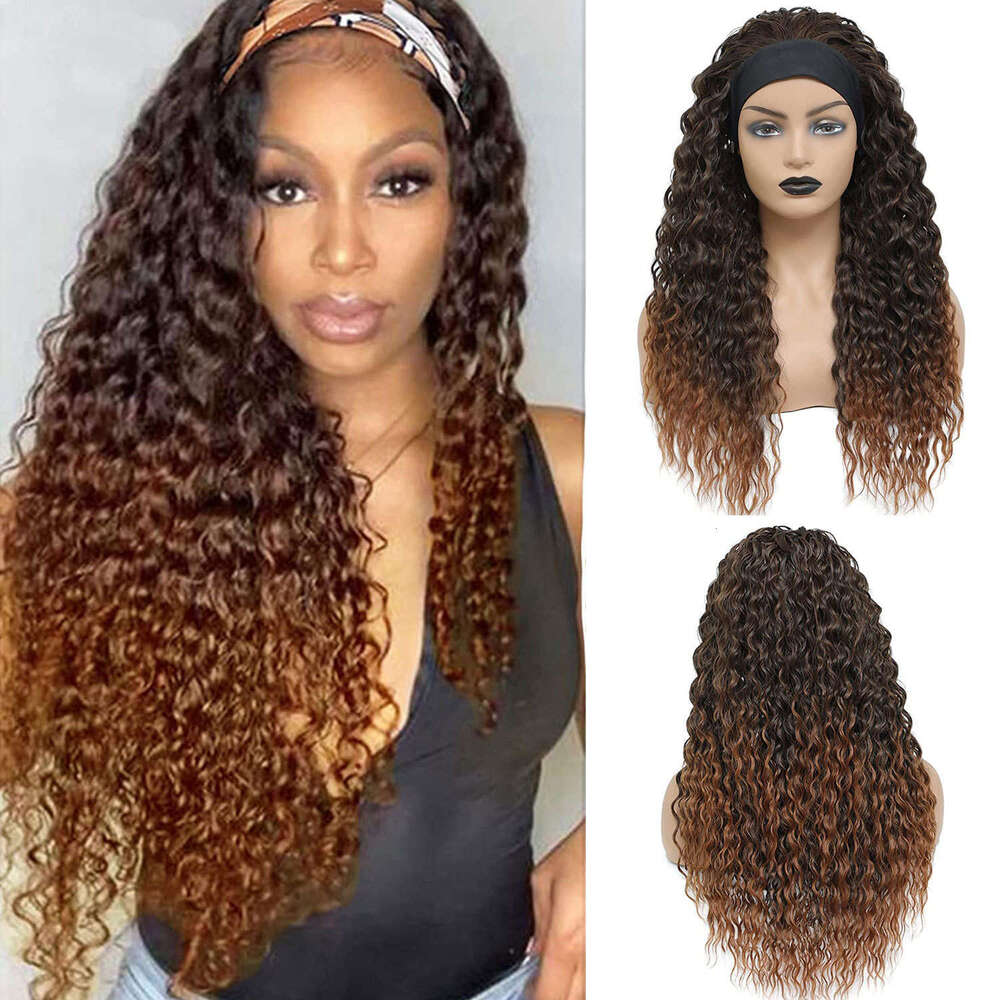 Headscarf Gradient Headband Ice Silk Hairband Long Curly Hair Small Curl Wig Cap