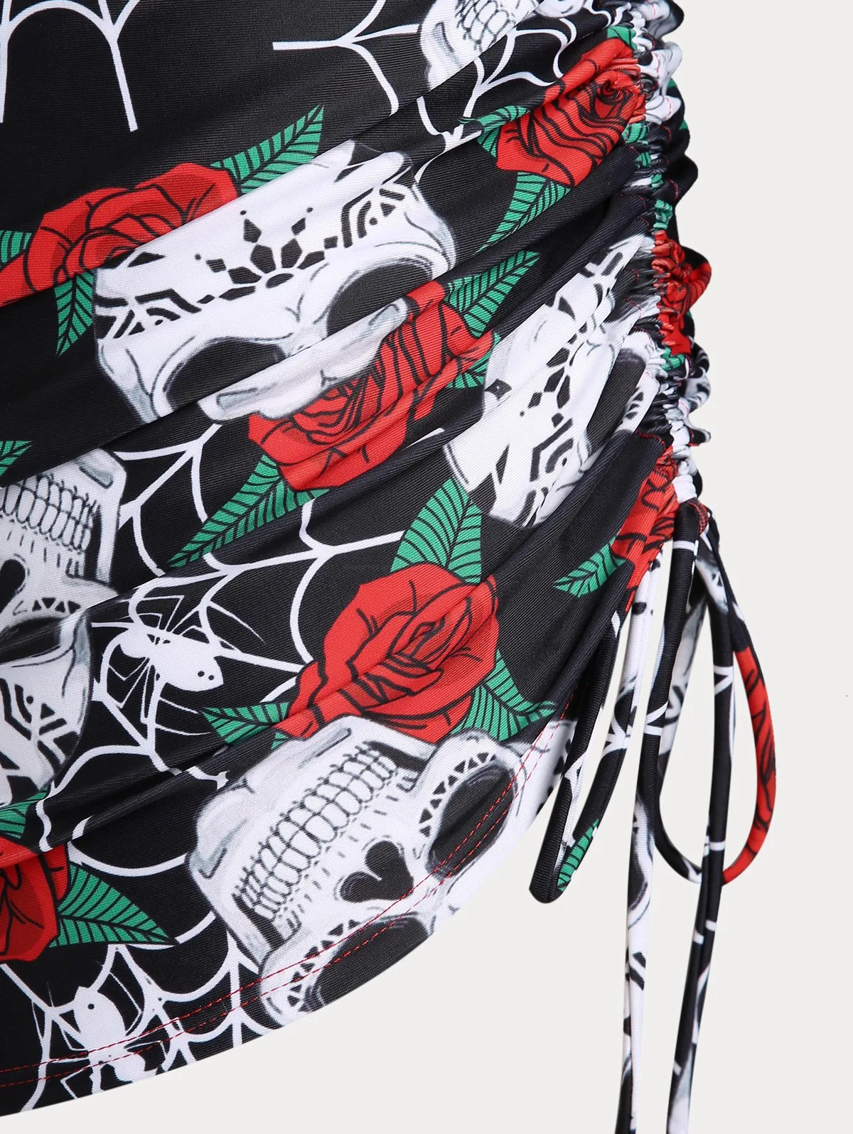 ROL Plus Size Womens Curve Skull Rose Print Crossover Three Piece Bikini Swimsuits 250603