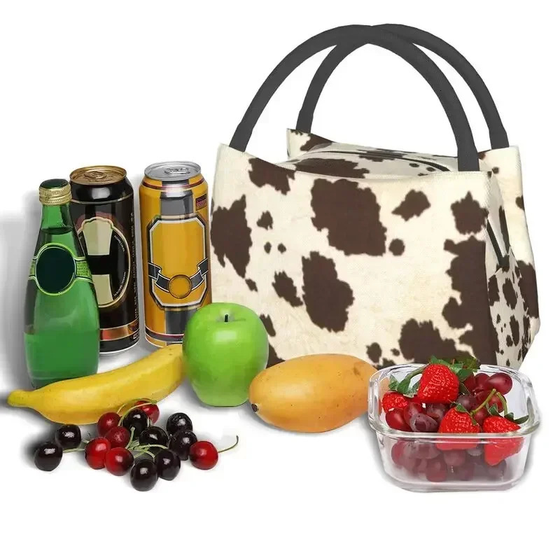 Brown and White Cowhide Lunch Bag for Womens Cooler Insulated Lunch Box Used for Camping 250606