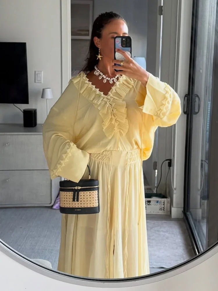 Summer Chiffon Ruffle Long Puff Shirts For Women Elegant Oversize V-neck Blouse 2025 Summer Holiday Chic Beach Street Loose Tops 250605