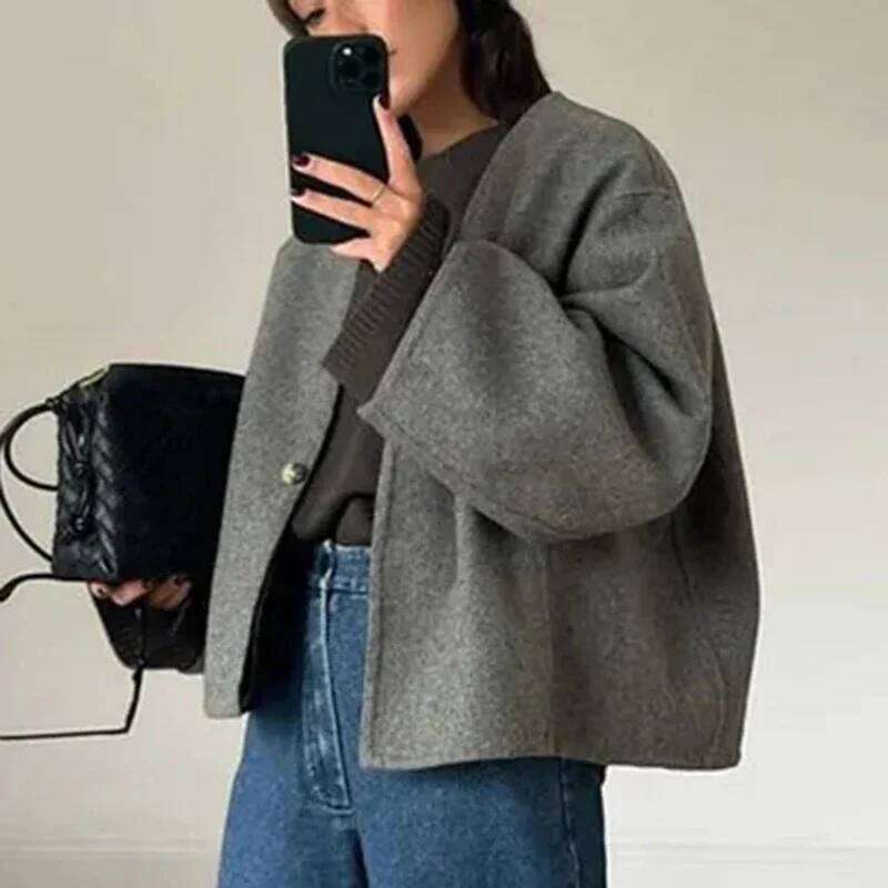 Tweed Jackets for Women Vintage V Neck Oversize Coats Autumn Winter Fashion Single Button Crop Jacket Casual Elegant Coat