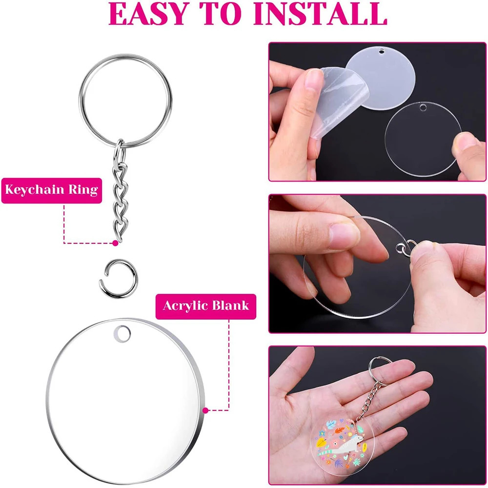 90Pcs Acrylic Keychain Blanks Kit with Key Rings Jump Rings Round Keyring Set DIY Key Rings Craft Supplies 250606