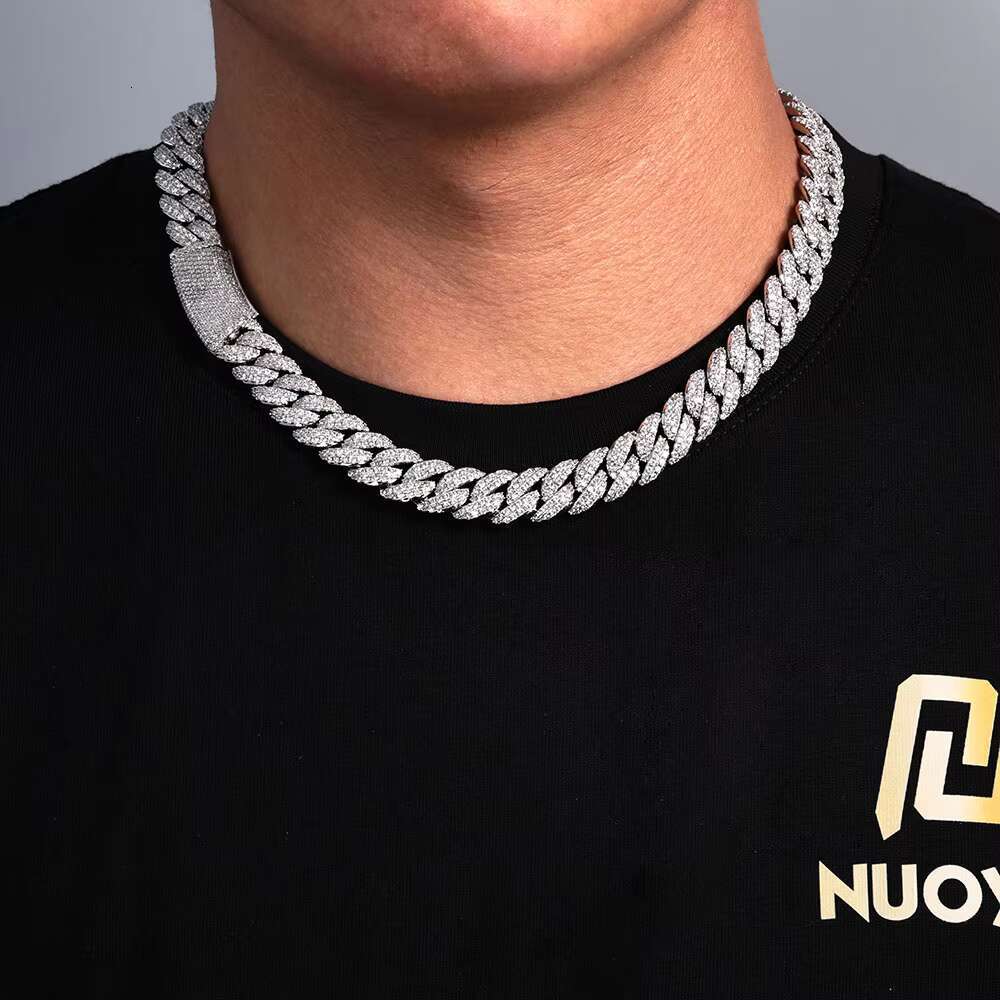 NUOYA 13MM Iced Out Chain Diamond Cuban Link Chain Bracelet Men Hip Hop Shiny Vvs Moissanite 925 Silver Cuban Necklace