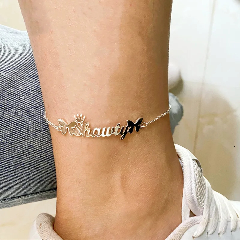 Personalized Butterfly Crown Name Anklet Women Girl Stainless Steel Custom Nameplate Ankle Bracelet Jewelry Birthday Gifts 250528