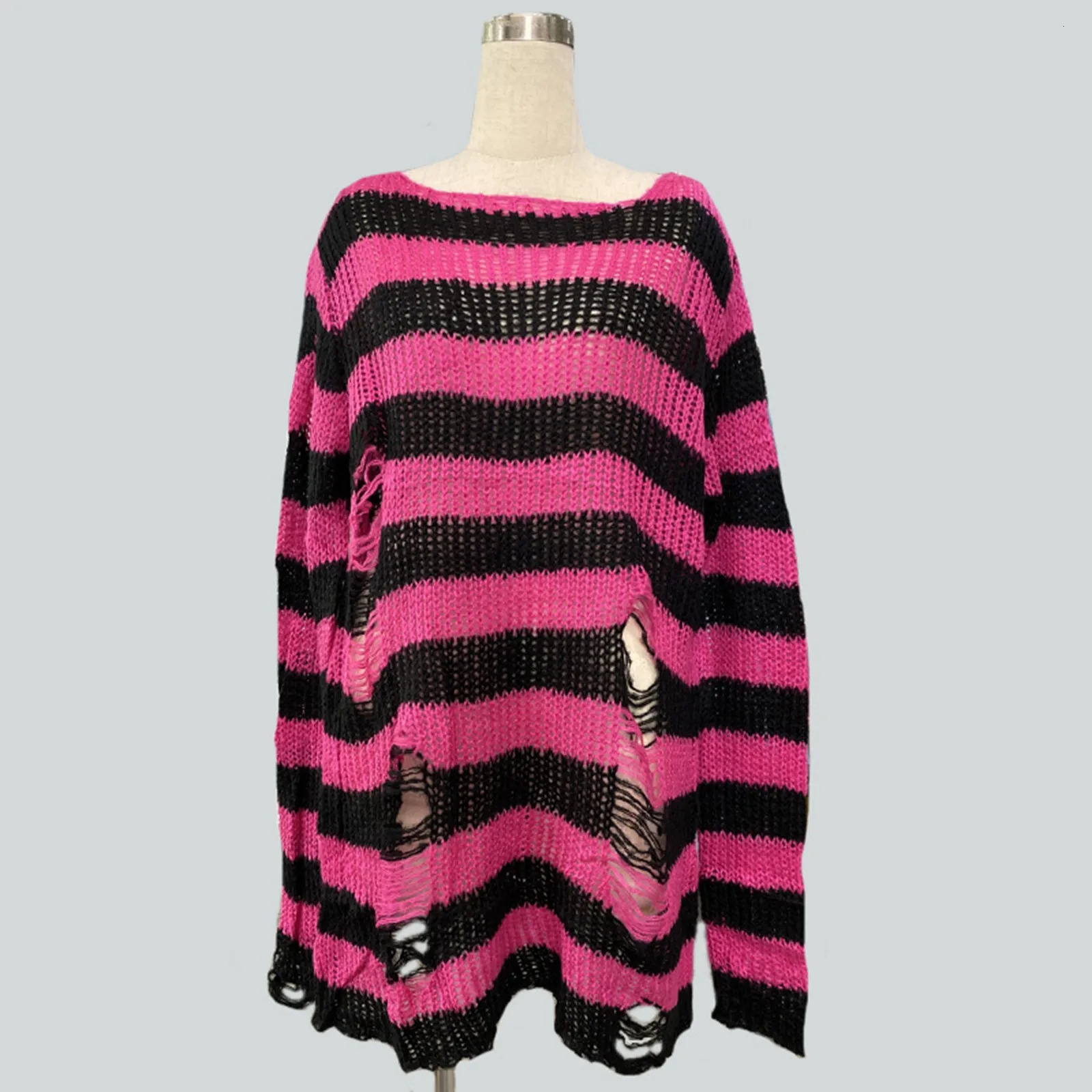 Loose Oversized Striped Sweater For Women Mid Length Pullover With Holes Lightweight Knitwear Black Red Stripe Gothic 250530