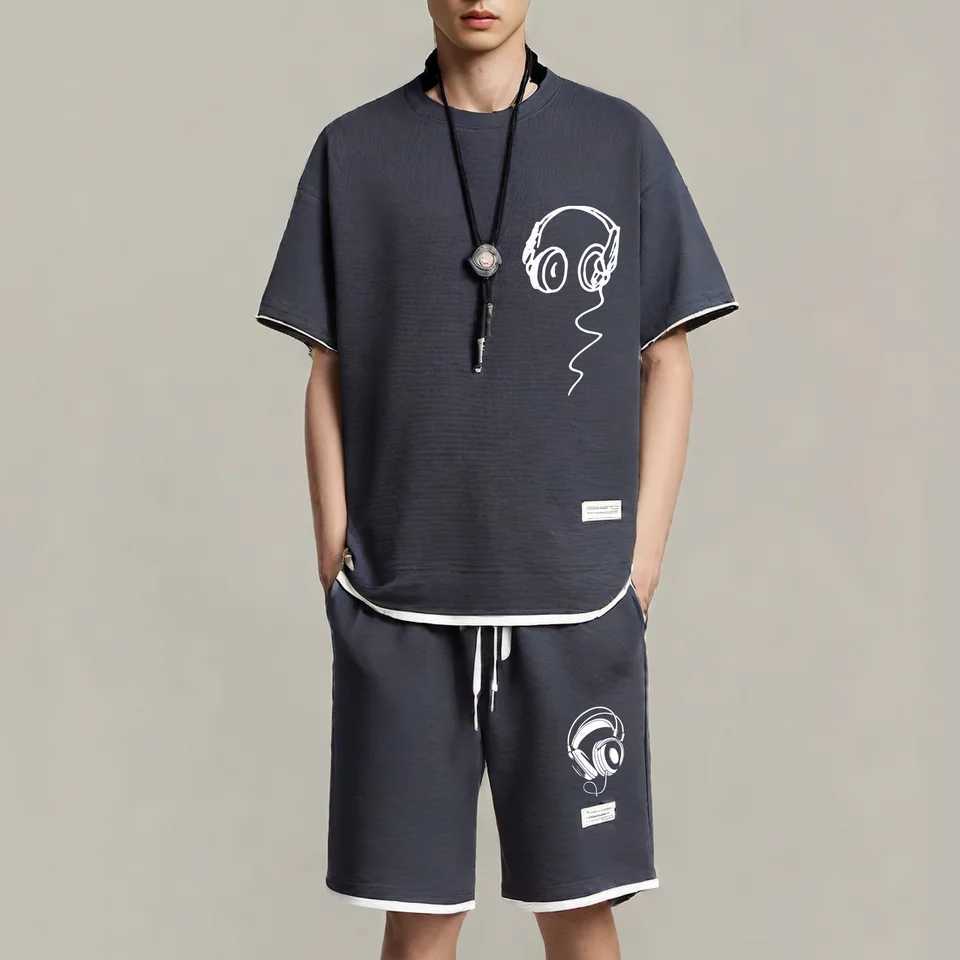 Summer fashion printed sportswear high quality mens comfortable shorts 2-piece set of fitness jogging casual clothing W250609