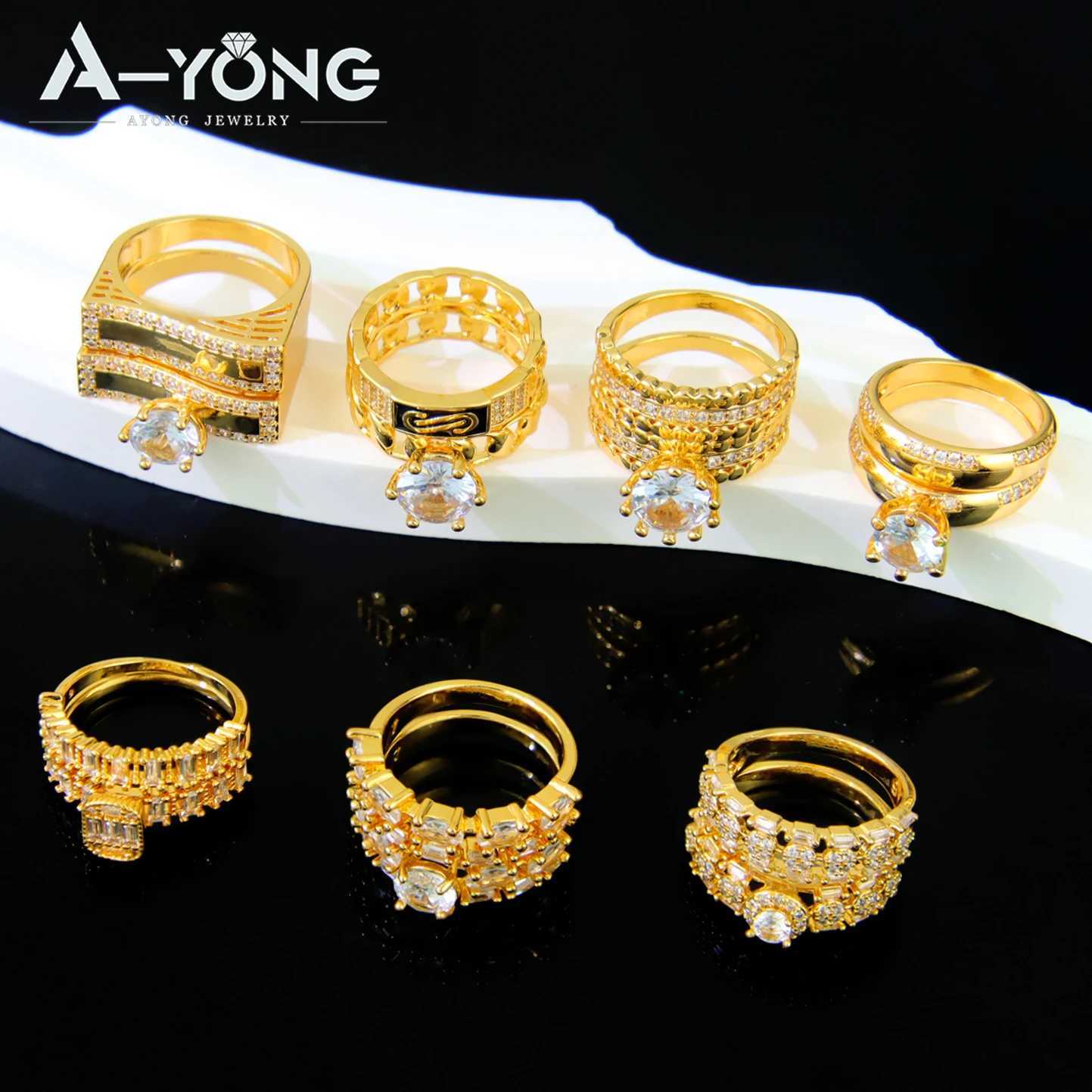Luxury Dubai Gold Color Couples Rings 21k Gold Plated Elegant Italian Cocktail Ring Saudi Women Wedding Party Jewelry Gifts W250606