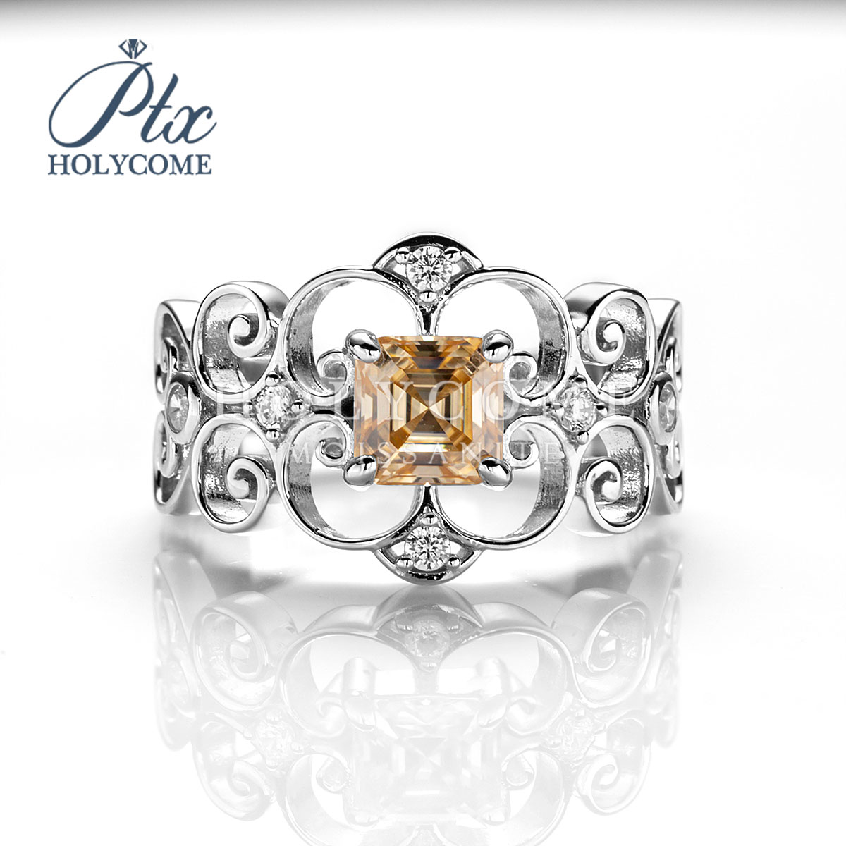 Wholesale New European 925 Sterling Silver Rings Genuine Engraved Fit for Women 1CT Champagne Moissanite Engagement Ring for Party