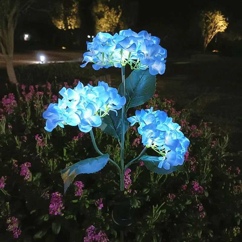 Solar LED 3 Head Hydrangea Rose Flower Light for Outdoor Garden Lawn Patio Country House Vegetable Patch Walkway Path Decoration W250607