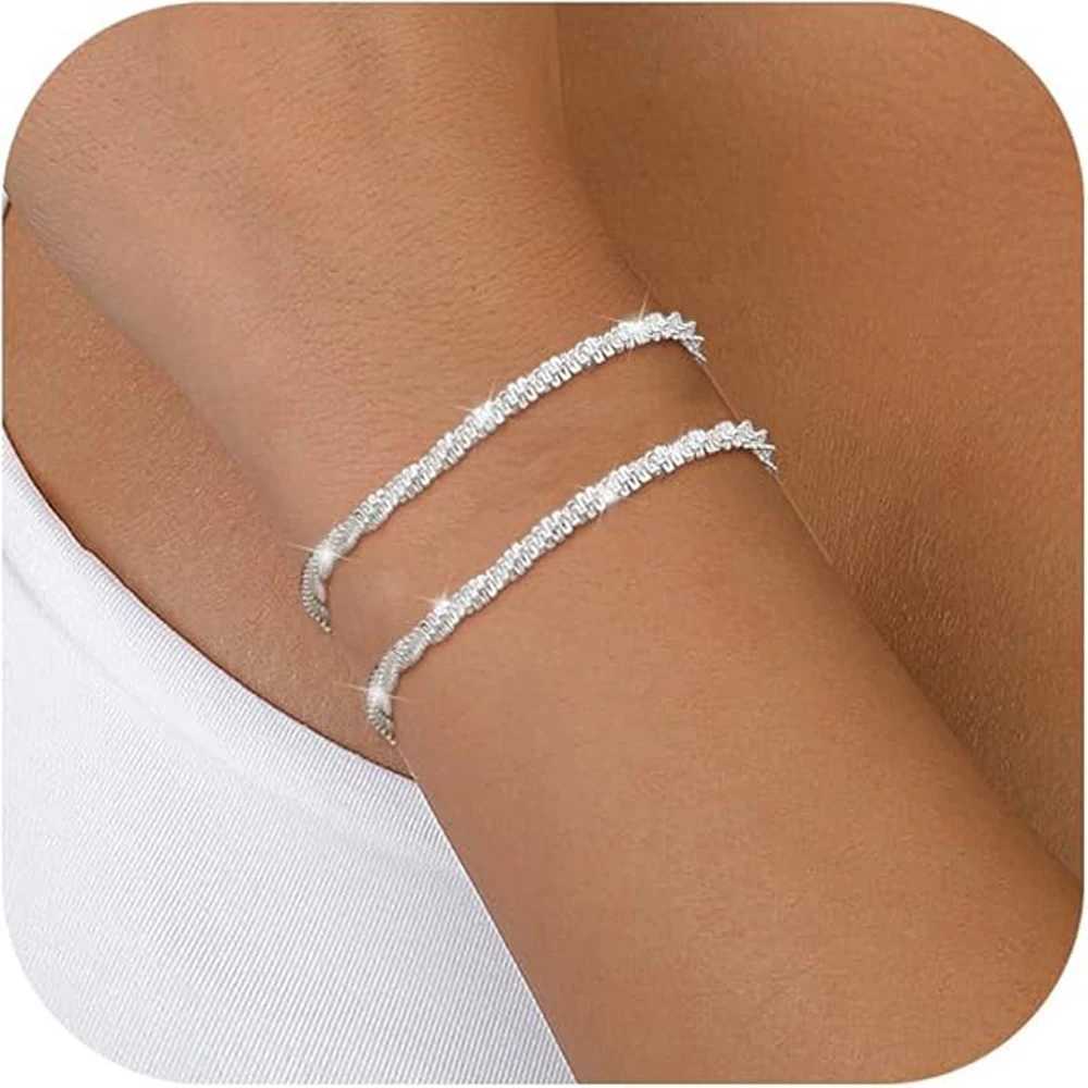 925 Sterling Silver Bracelets for Women Layered Dainty Link Chain Bracelet Adjustable Stackable Beaded Bracelets for Women Girls W250606