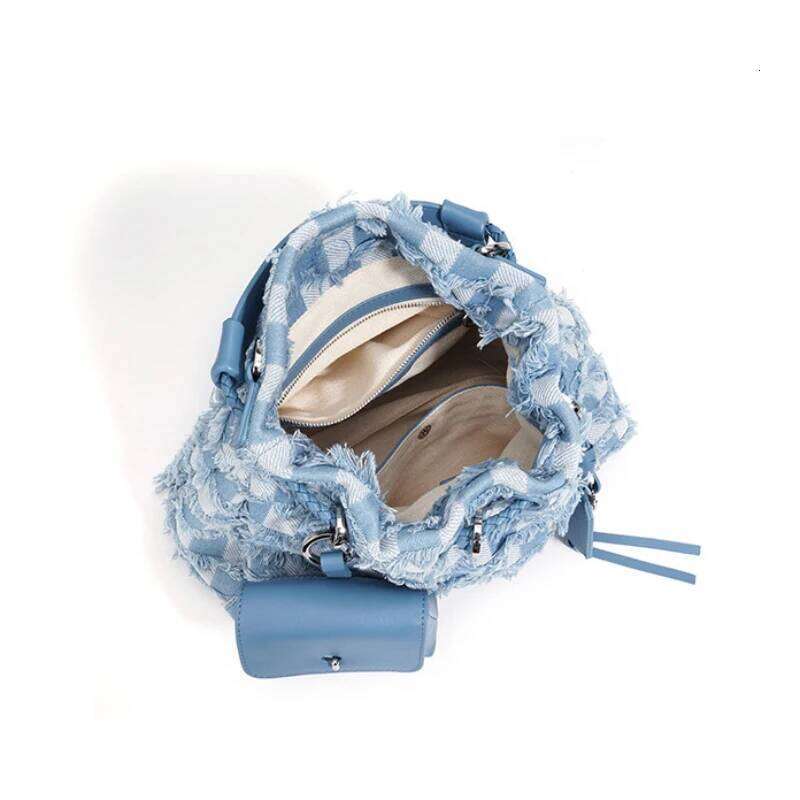 Summer New Women's Genuine Leather Handbags Fashion Blue Denim Plaid Design Drawstring Tote Shoulder Bag With Small Purse