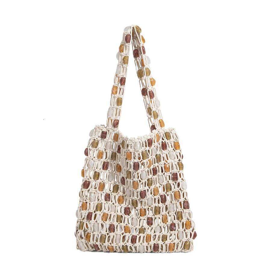 Women Hand-Woven Beaded Design Color-Blocking Tote Patchwork Net Woven Shoulder Bag Summer Hollow-Out Beach Handbag Bolsa