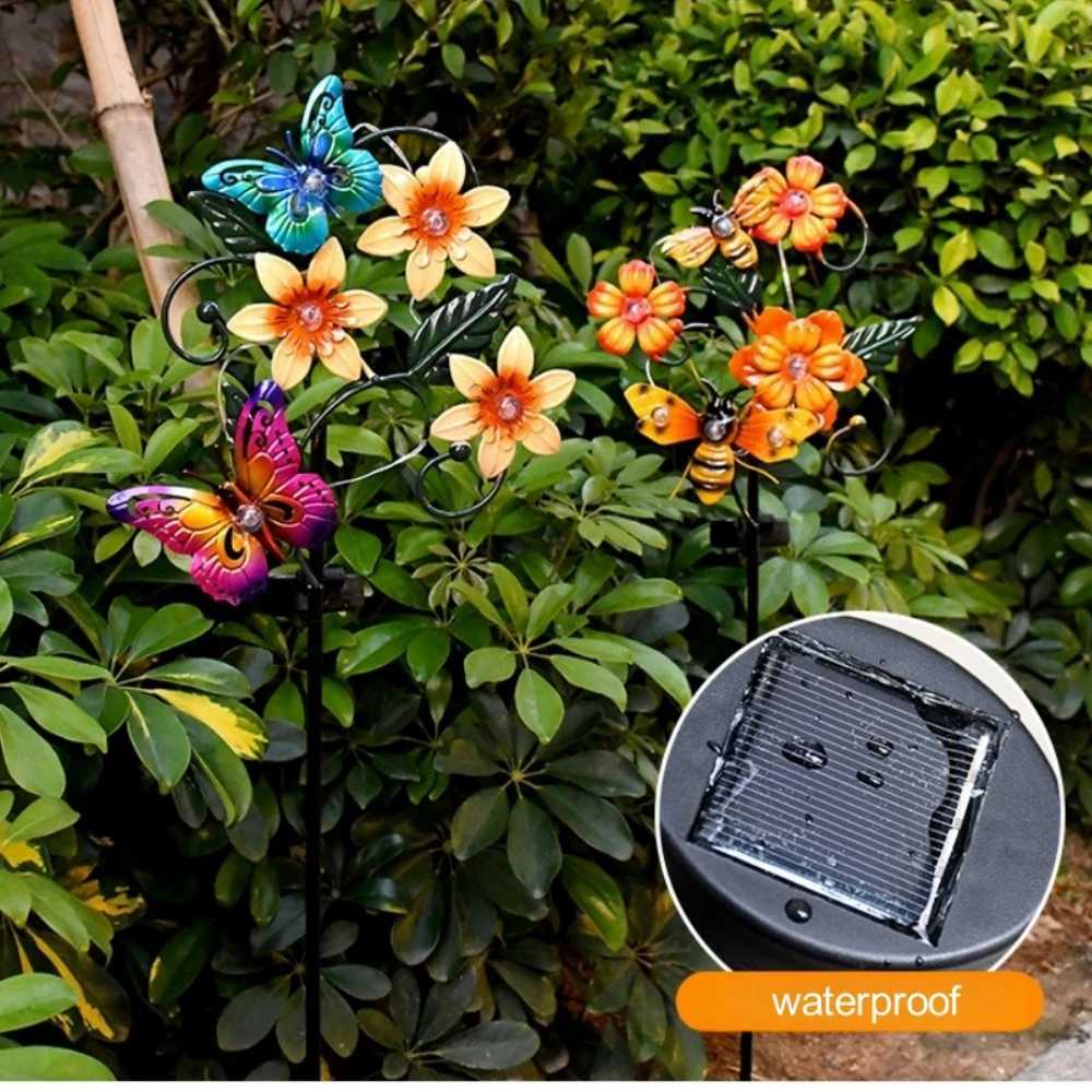 LED Courtyard Solar Landscape Butterfly Lamp Bee Lawn Outdoor Garden Plug-in Pole Iron Art Decorative Light W250607