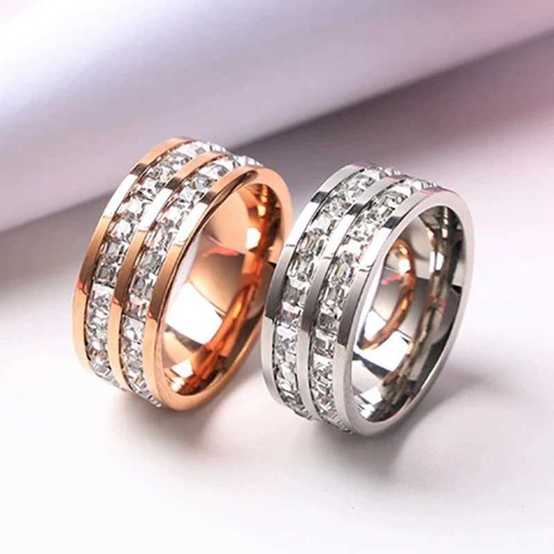 Luxury Rose Gold Color Single Double Row Square Zircon Stainless Steel Ring For Women Romantic Engagement Wedding Party Jewelry XJ250606