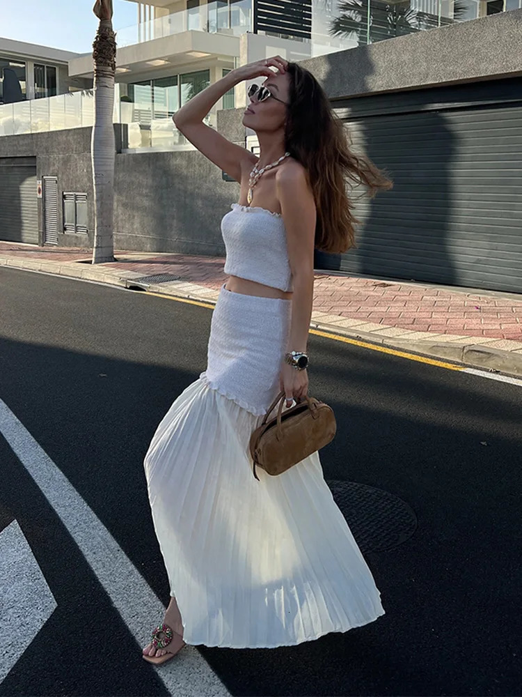 Elegant Patchwork Tube Top Long Skirt Set Women Holiday Sleeveless Solid Tops Pleated High Waist Skirts 2025 Summer White Sets 250605