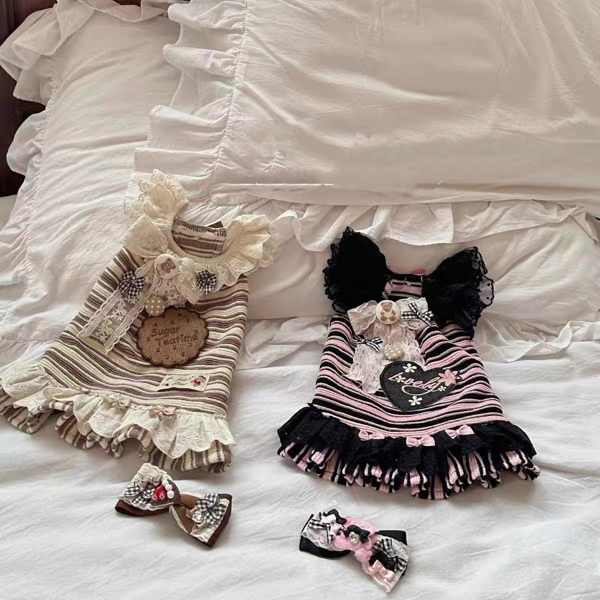Dog Princess Dresses for Small Dogs Cat Lace Bow Clothes Stripe Flowers Costume Black Pink Pet Girl Cute Embroidery Spring Summer Costumes M D85