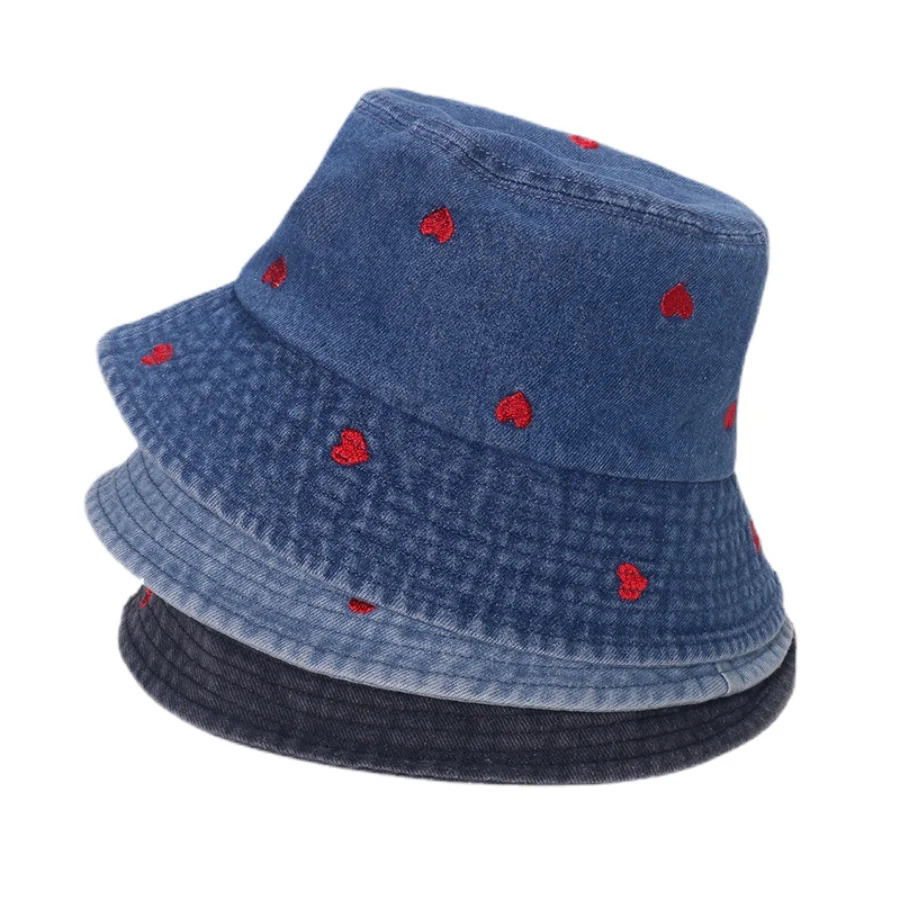 Spring Summer Strawberry Embroidery Denim Jeans Bucket Hat Legent Fisherman Hats for Women Foldable Sport Sun Beach Panama Caps 250605