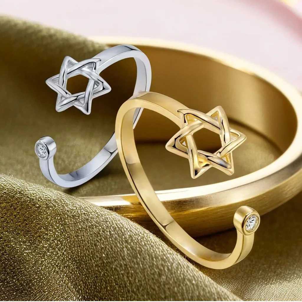YILUOCD Hollow Hexagon Zircon Ring for Women Magen Star of David Adjustable Rings Promise Jewelry Gift XJ250606