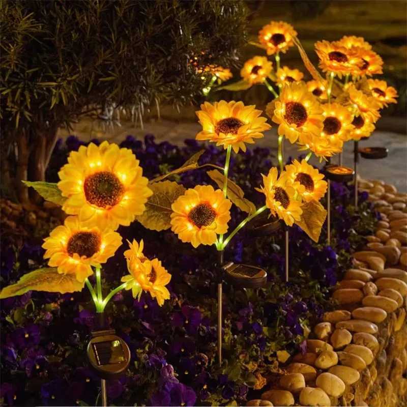 1/3 Head LED Solar Simulation Sunflower Lights Garden Decor Yard Lawn Night Lights Landscape Lamp Home Decoration Flower Light XJ250606