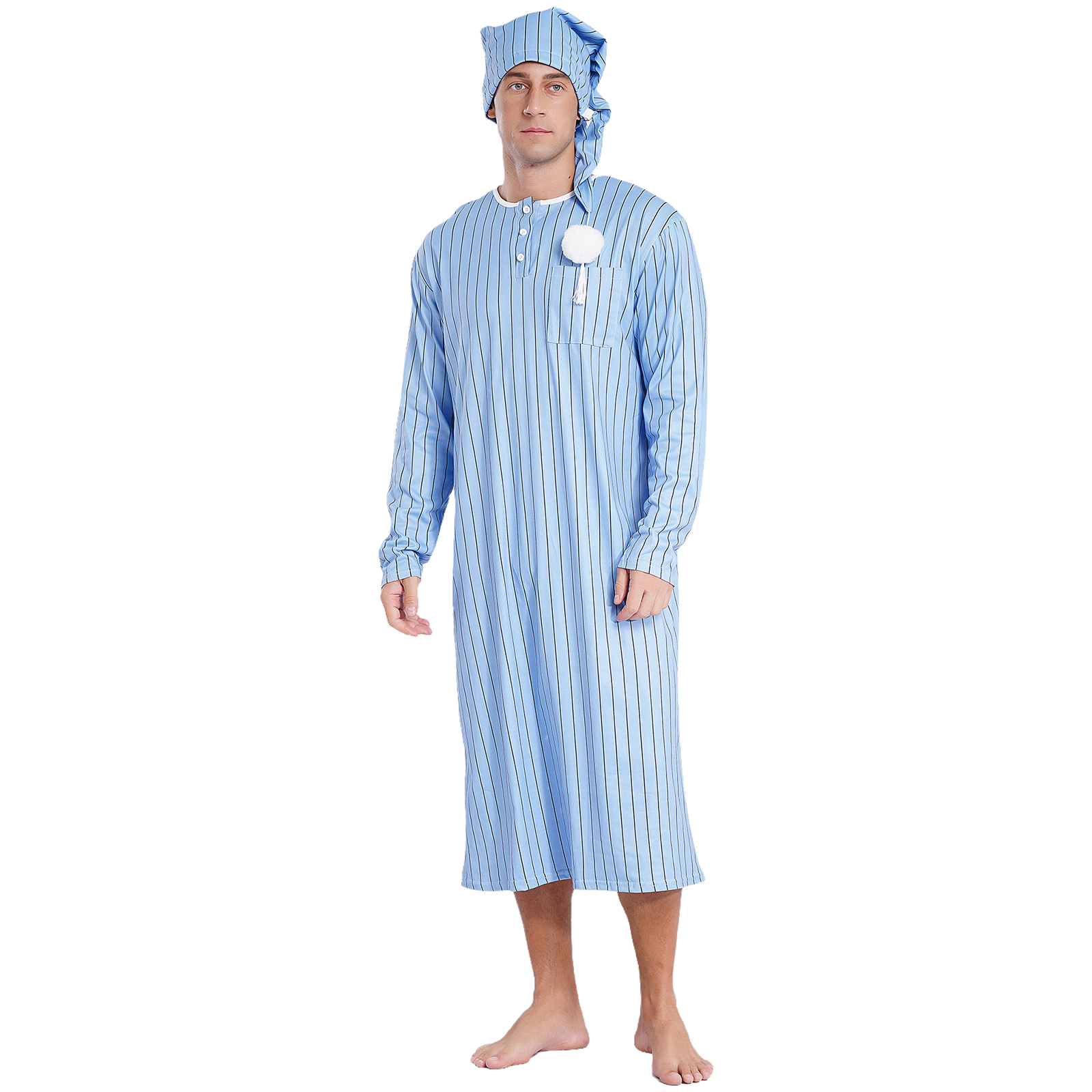 Men's Soft Loose Sleep Robe Fashion Homewear Striped Long Sleeve Button-down Nightshirt with Sleeping Cap Pajama Set Nightgown