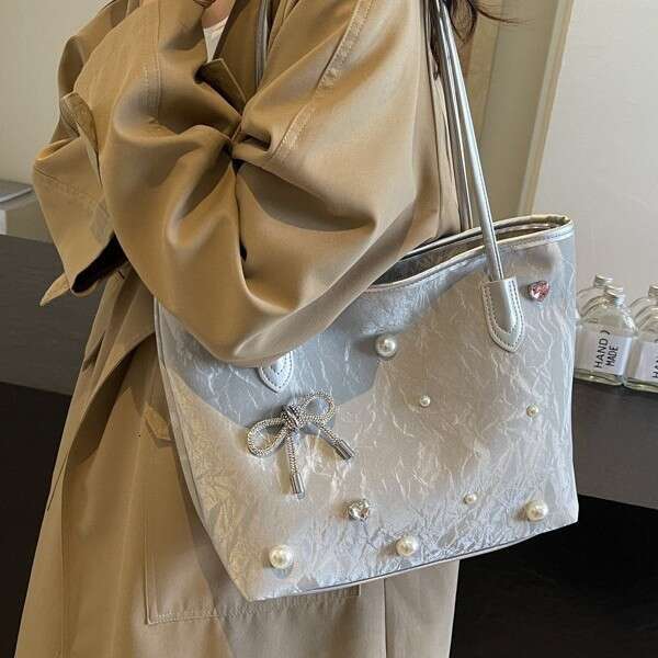 Large Capacity Tote 2025 Summer New Rivet Bowknot Underarm Textured Shoulder Bag for Women