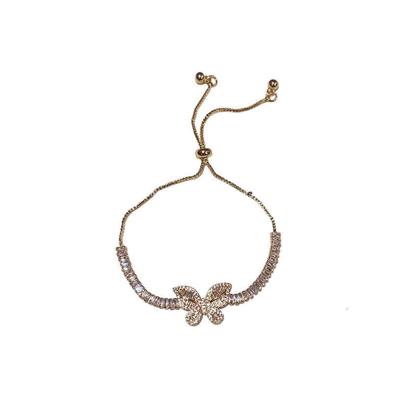 Minimalist Square Zircon Butterfly Pattern Adjustable Bracelet Korean Style Exquisite Design Wristband Commuting Internet Celebrity Jewelry for Women