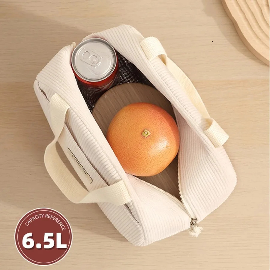 Corduroy Lunch Bag Thermal Insulation Lunch Box Storage Handbag Multifunctional School Cooler Bag Picnic FoodPouch 250606