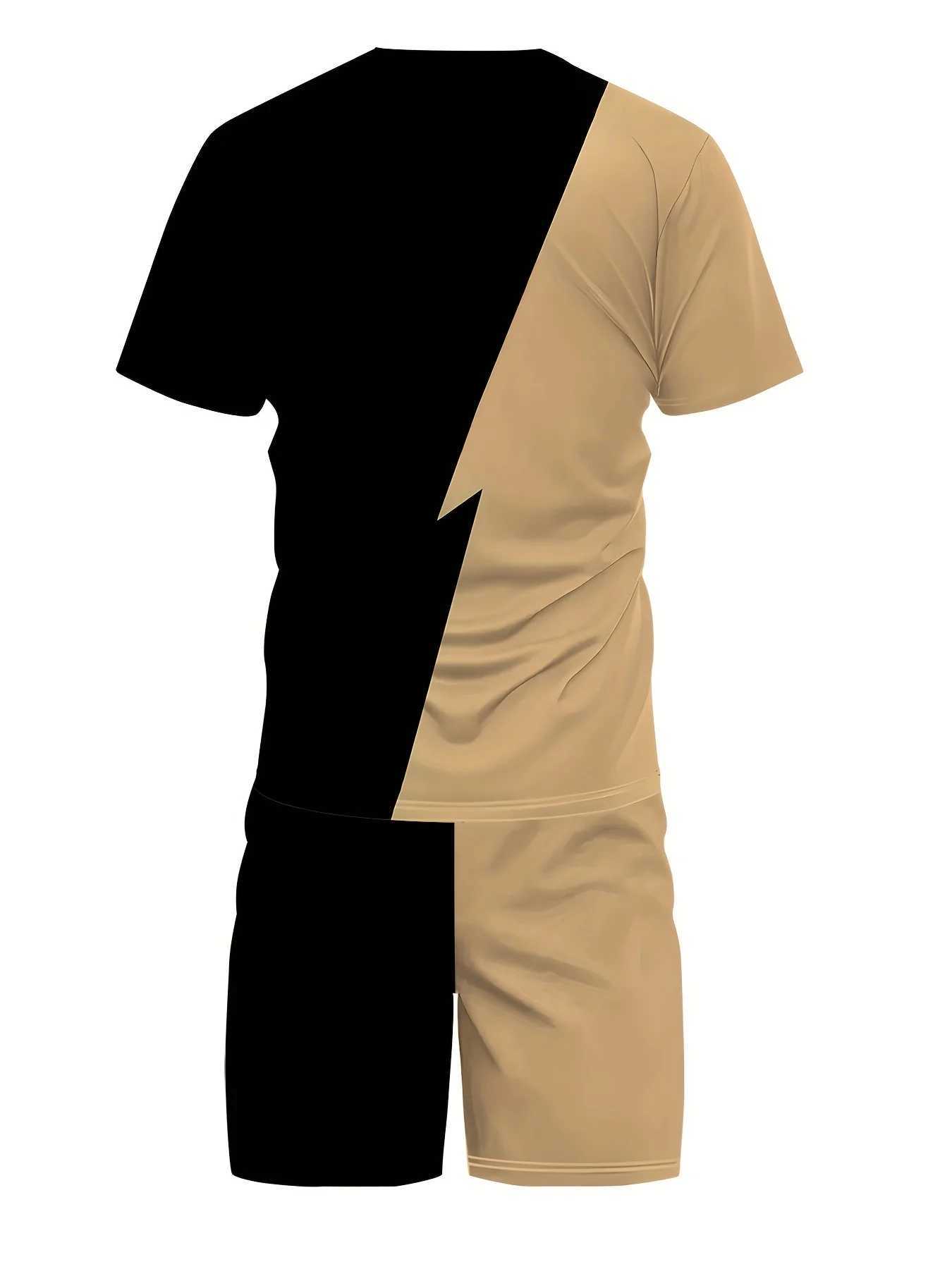 New Mens Summer Refreshing Breathable T-shirt Shorts Two-Piece Set Unique Black and Brown Splicing Letter W250609