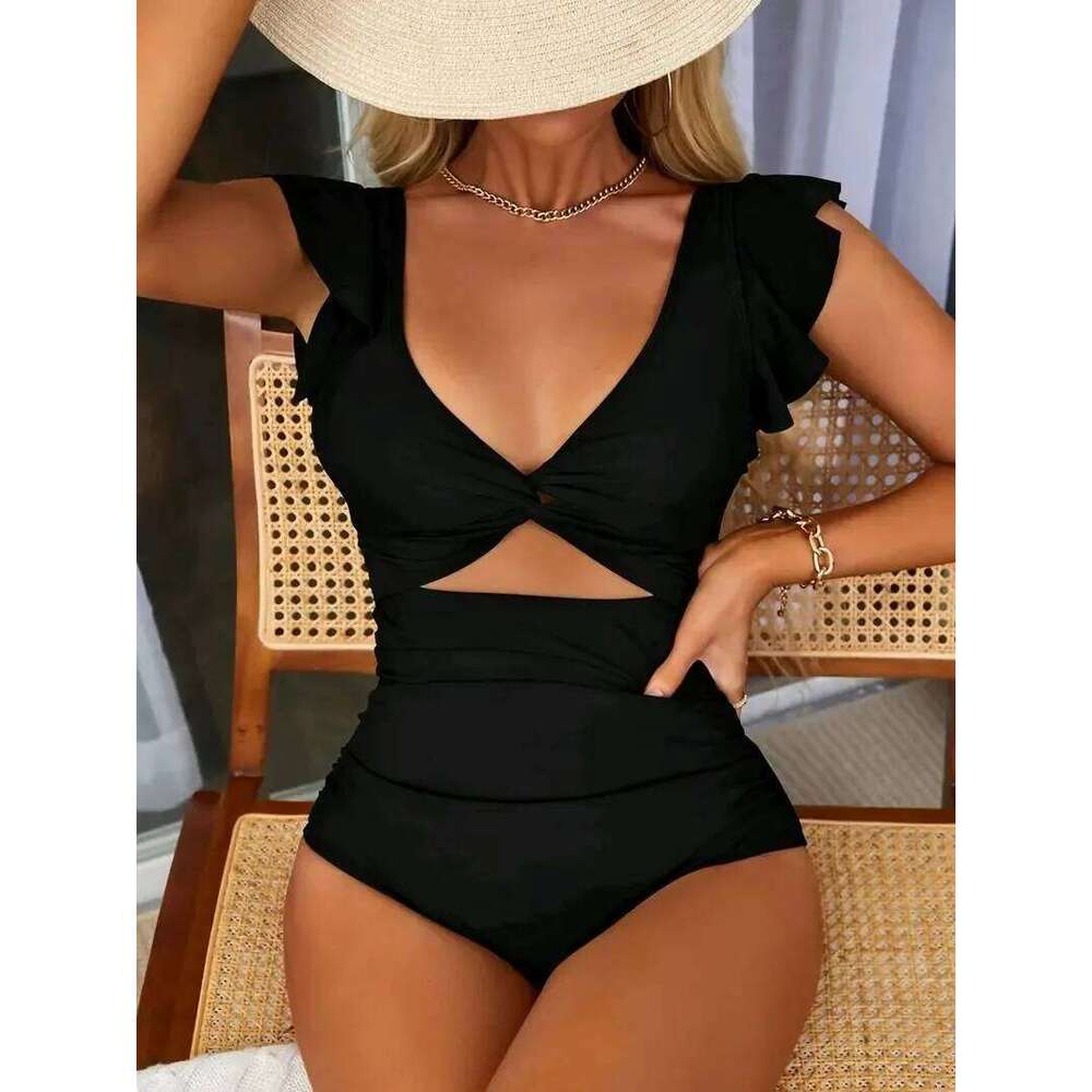 Contrast Mesh One Piece Swimsuit, V Neck Solid Color Backless Tummy Control High Cut Bathing Suit, Women's Swimwear & Clothing