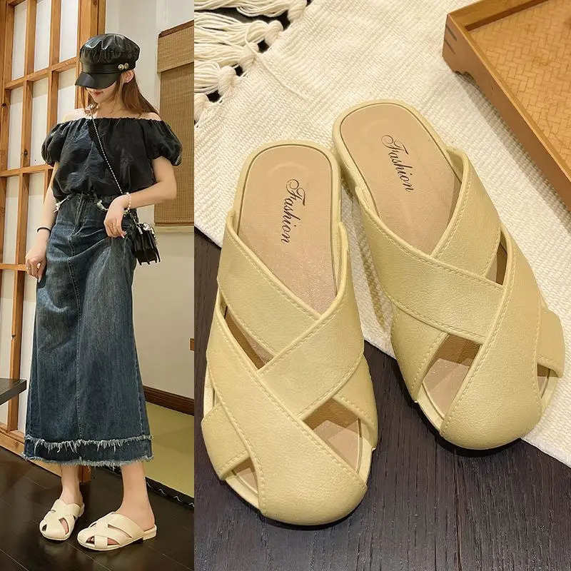 Baotou Half Slippers for Summer Outer Wear Style Slippers Korean Style French Sandals Flat Bottom Retro Summer Sandals for Women Wholesale 250603