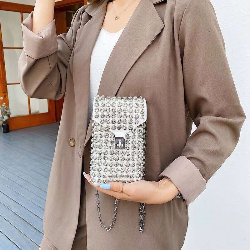 Full Rhinestone Women Phone Bags Detachable PU Leather Waist Belt Shoe Chain Crossbody Shoulder Bag Pack