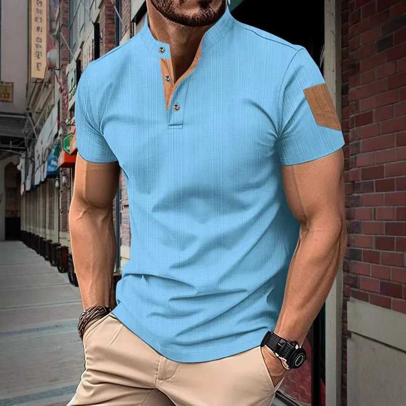 Mens Summer Fashion Short Sleeve T-shirt Mens Business Casual Henley Shirt Breathable Solid Color Stand-up Collar Top W250607